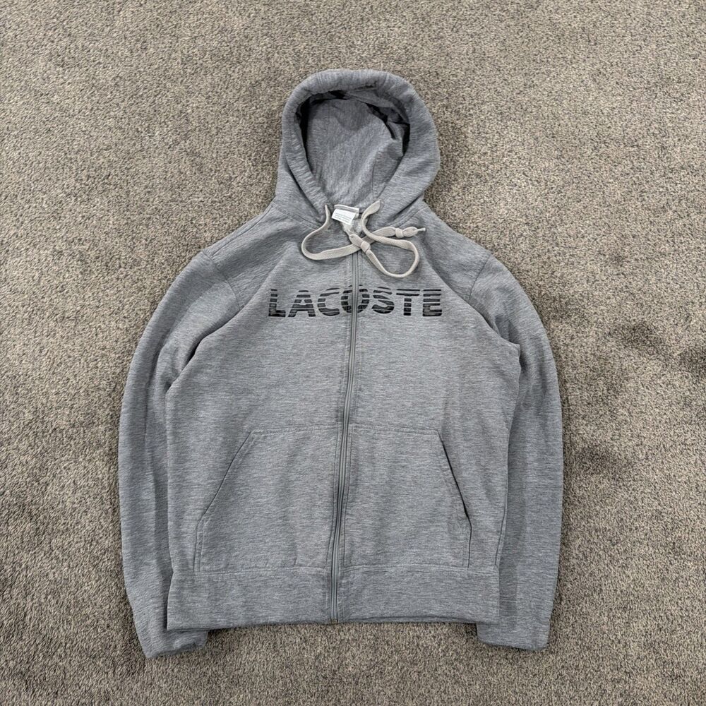 Y2K Lacoste Sport Hoodie Mens 5 Large Gray Full Zip Big Logo Spellout Sweatshirt